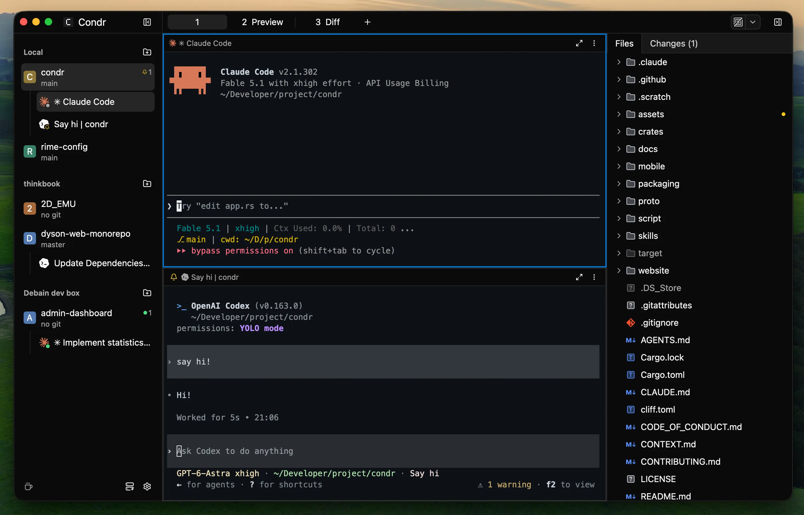 The Condr main window: the left sidebar lists Devices and Workspaces, terminal splits fill the middle, and the right sidebar shows the file tree